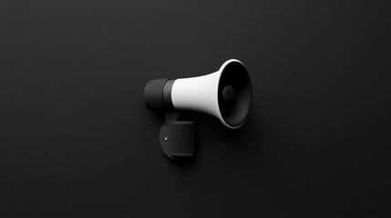 White and black megaphone mounted on a dark wall.