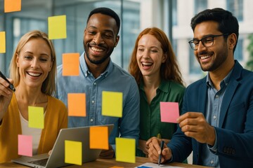 Group of modern office employees brainstorming ideas using glass whiteboard, vibrant team energy, colorful sticky notes