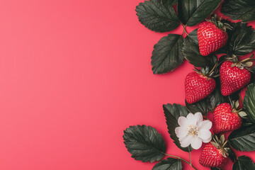 A garden-inspired layout with strawberries on the vine, vibrant leaves, and a soft white flower