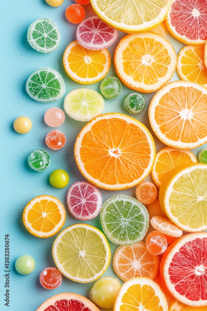 Aufkleber a clean and modern image of mixed citrus fruits and bright candy on a smooth background with sharp