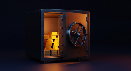 Gold bars stacked in an open safe illuminated by soft lighting inside a dark room, creating an atmosphere of wealth and security