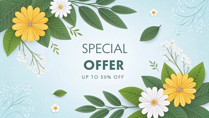 Obraz premium Floral Themed Special Offer Banner with Green Leaves, Yellow and White Flowers Surrounding Text Offering Up to 50% Off on a Bright Blue and white Background, Ideal for Advertising Concepts