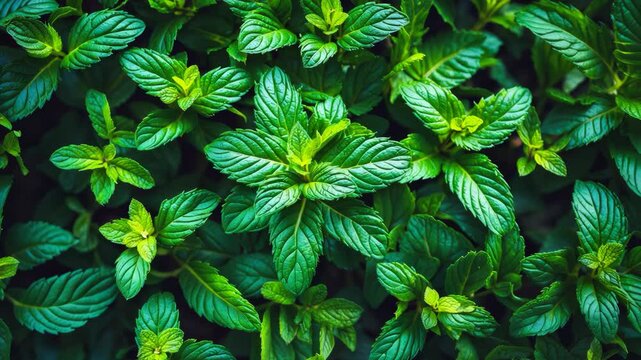 Fresh green mint, lemon balm, and peppermint leaves from above. Texture of mint leaves. Natural ecology layout. Pattern of mint leaves in a herbal nature background.