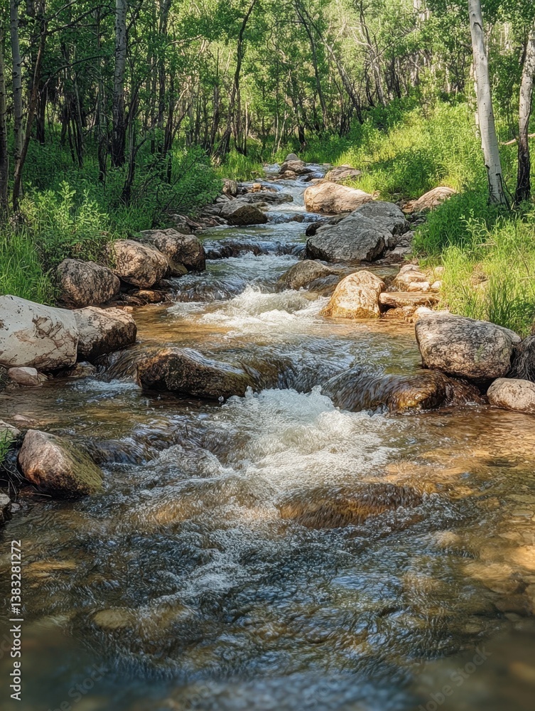 Aufkleber serene mountain stream cascading over rocks through a lush forest of aspens in sunlight creating a p