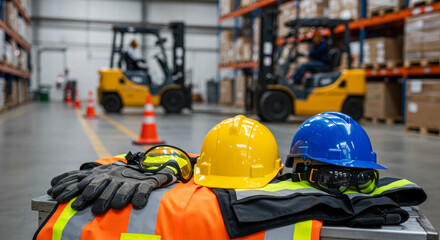 Safety gear and equipment arranged in a warehouse during a busy workday with forklifts operating nearby