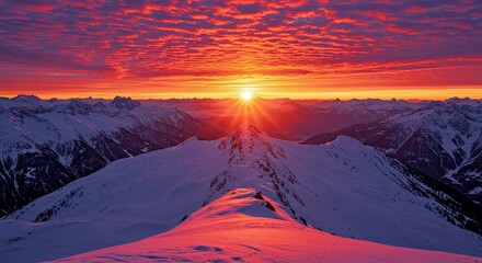 A sunrise over a snowy mountain range, painting the sky in pink and purple hues