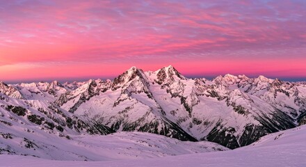 A sunrise over a snowy mountain range, painting the sky in pink and purple hues
