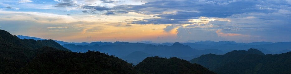 Panorama landscape view of mountain hill valley on the sunset or evening time for background.