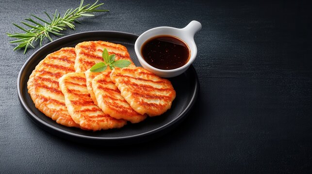 Delicious grilled slices of Chinese turnip cake, Luo Bo Gao, are artfully arranged on a black plate with a savory dipping sauce and fresh herbs, a delectable culinary masterpiece.