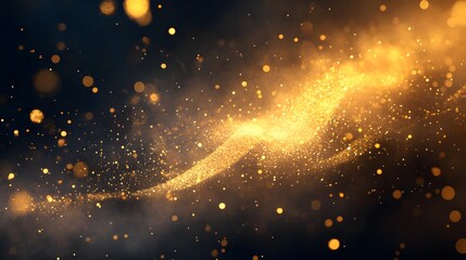 Golden particles swirl in dark background