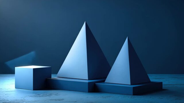 Still life arrangement of geometrical figures. Objects including a three-dimensional prism, pyramid, tetrahedron, and rectangular cube on a blue backdrop. videography concept featuring Platonic