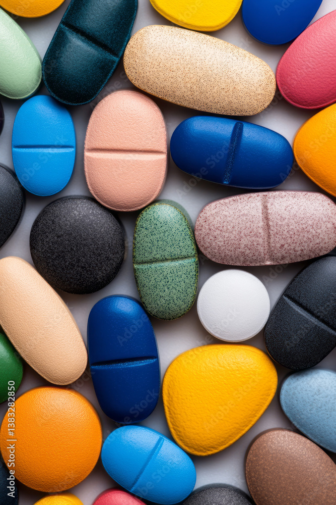 Poster conceptual visual of multicolored tablets thoughtfully aligned in an elegant, visually appealing