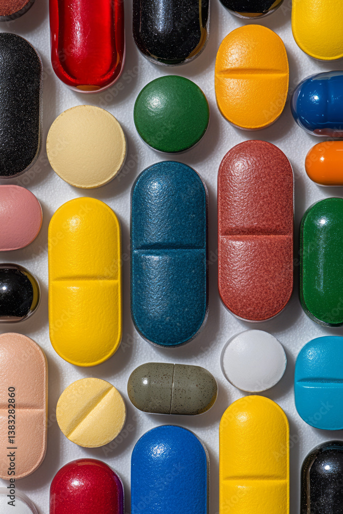 Poster Conceptual visual of multicolored tablets thoughtfully aligned in an elegant, visually appealing