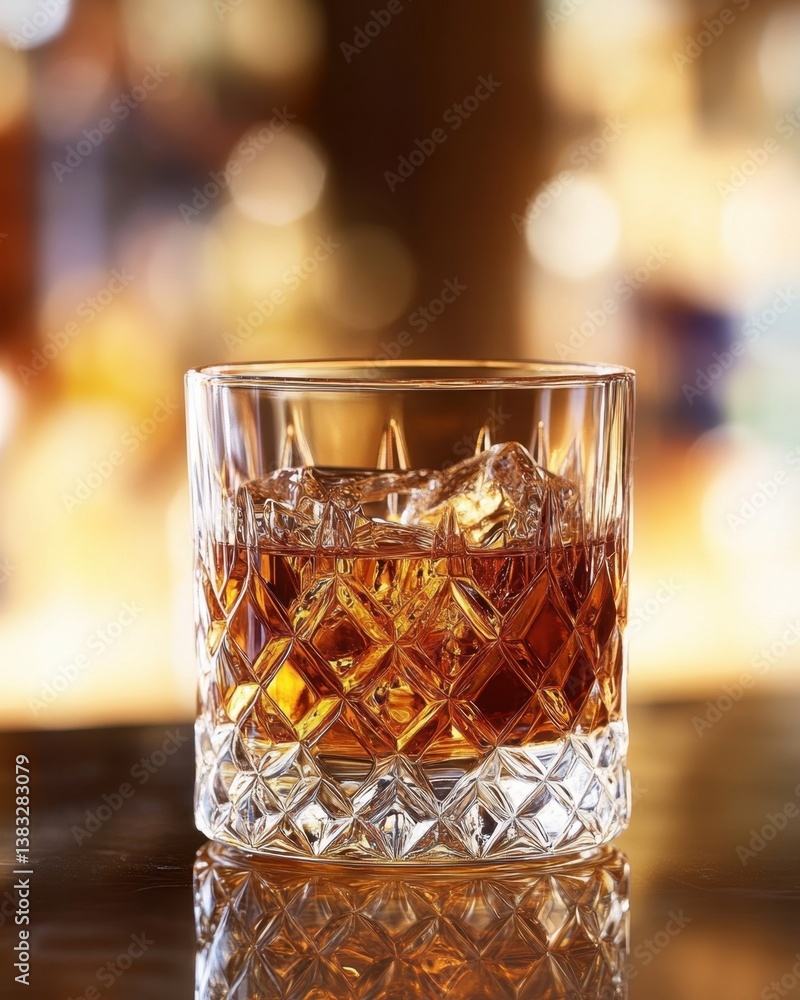 Poster elegant crystal glass of amber whiskey on a dark surface with ice cubes and blurred background creat