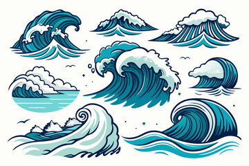 Sea waves sketch. Storm wave, vintage tide and ocean beach storms hand drawn vector and illustration set