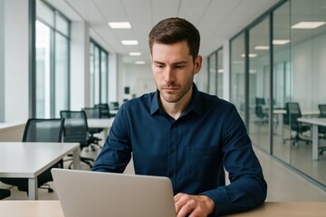 Fototapeta premium Focused employee working on laptop in clean open office with white walls, glass panels, and natural daylight