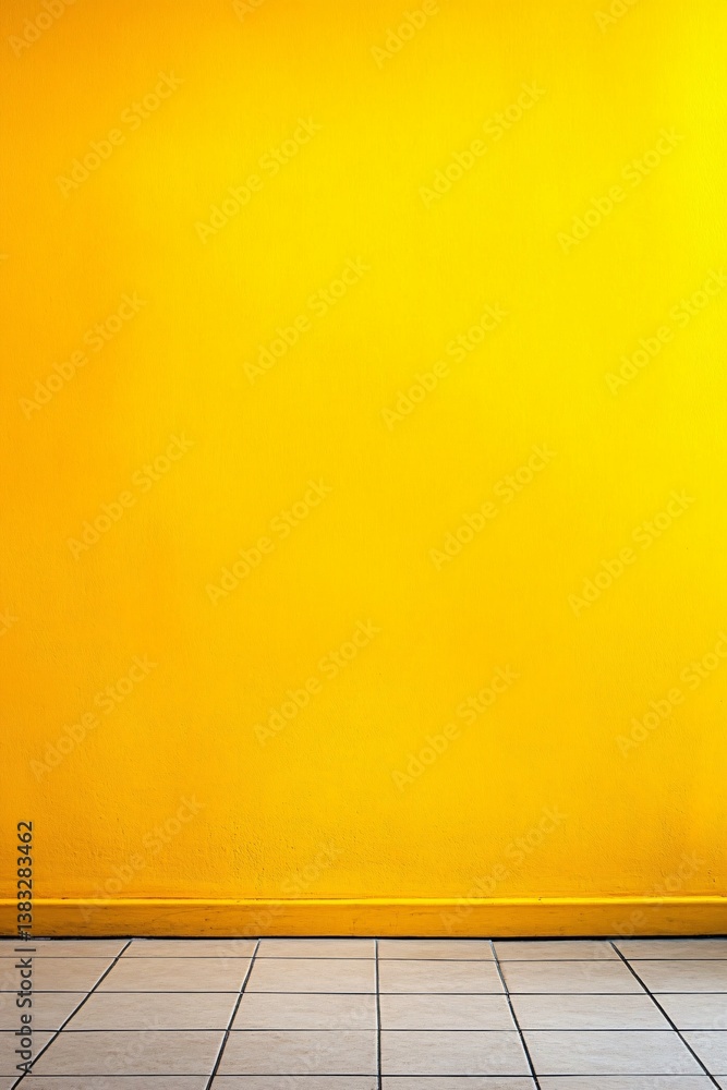 Poster empty room with yellow wall and tiled floor for background