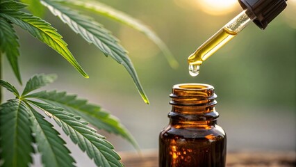 Close-Up of Cannabis Leaf and Dropper Dispensing Yellow Oil into Amber Bottle, Highlighting Medical Cannabis, CBD Oil Extraction, and Holistic Health Concepts with Focus on Natural Remedies