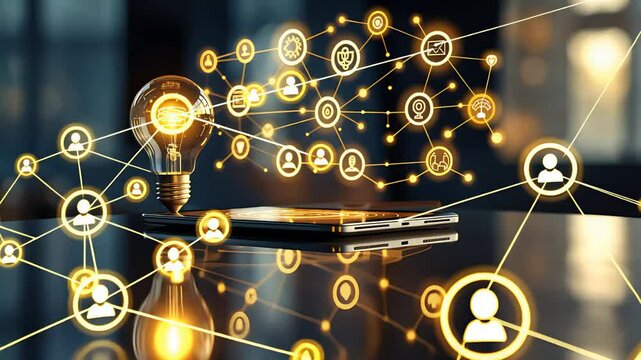 Glowing Light Bulb and Digital Network Icons with Smartphone on Reflective Table in Technology Setting