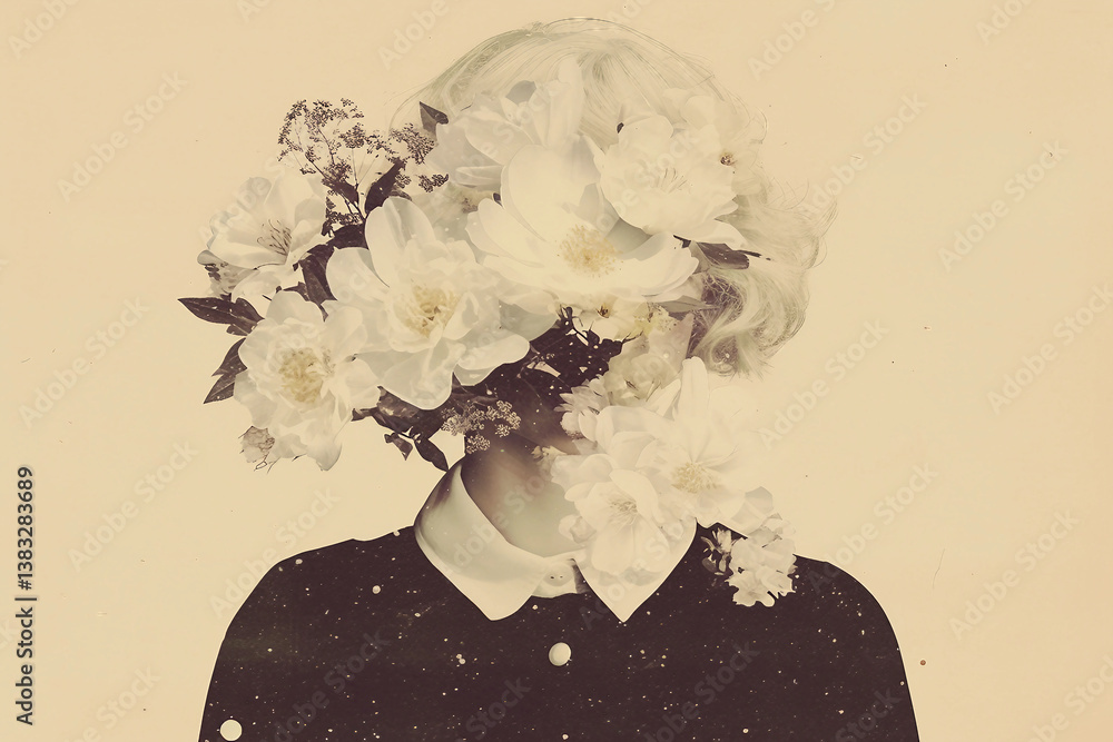 Poster generative ai retro style collage art featuring a woman with floral elements in a surreal spring com