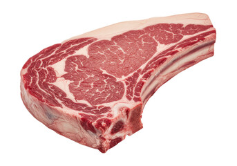 A close up view of a raw ribeye steak with marbling isolated on transparent background