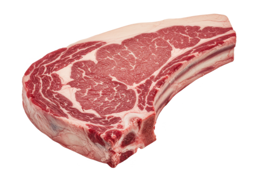 A close up view of a raw ribeye steak with marbling isolated on transparent background