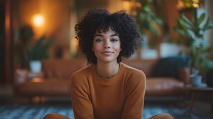 Woman practicing deep breathing exercises in minimalist living room calming