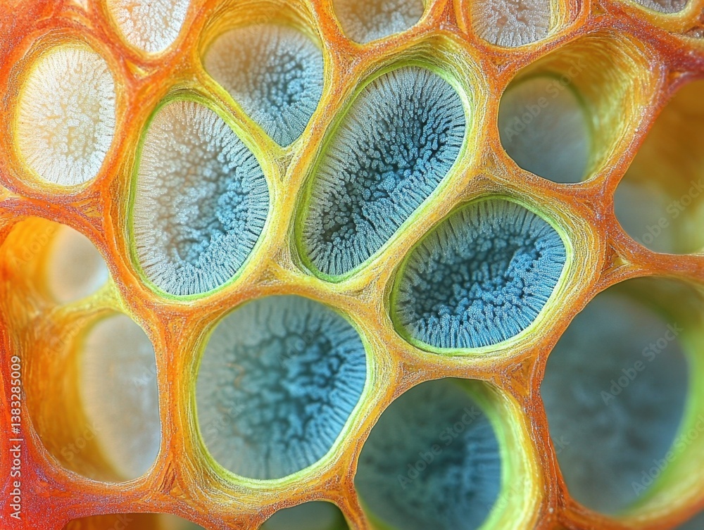 Poster abstract close up of cellular structure with orange frame and blue interior creating a unique organi