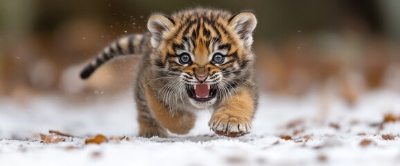 Obraz premium Cute tiger cub running in snow