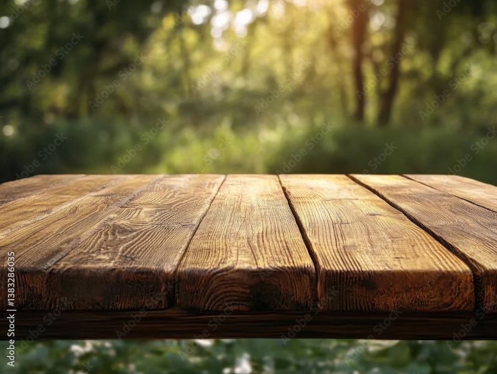Aufkleber rustic wooden table surface in forest glade with sunlight filtering through trees for product displa