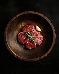 Raw beef steaks, ready to be cooked, with herbs and spices in a wooden bowl