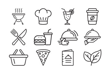 Vector food and drink icons set with coffee cup, wine glass, and tea silhouette symbols