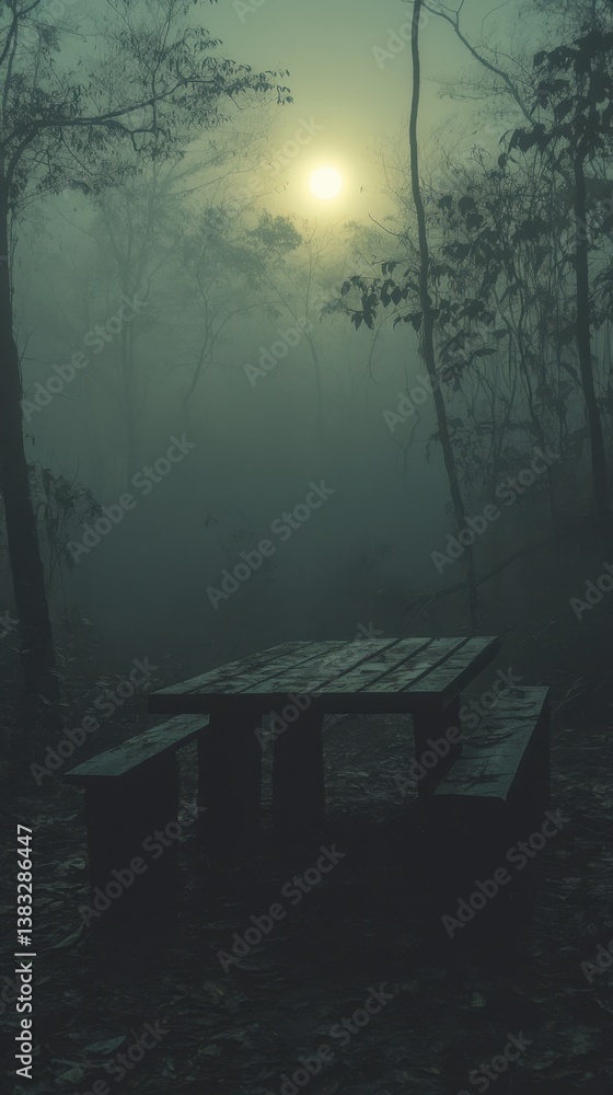 Poster eerie picnic table in foggy forest under a bright sun casting a mysterious glow through the trees an