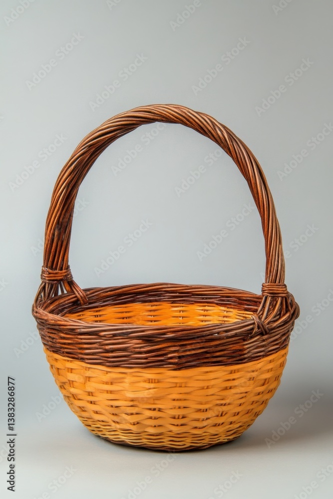 Aufkleber woven basket with handle in studio setting showcasing craftsmanship and rustic charm against a neutr