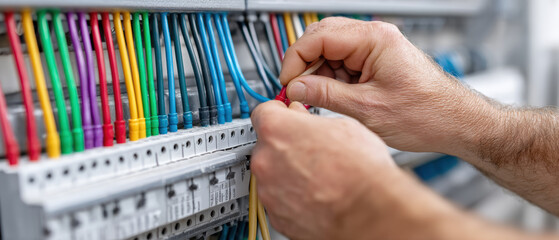 Electrician hands connecting colorful wires in control panel, showcasing precision and skill