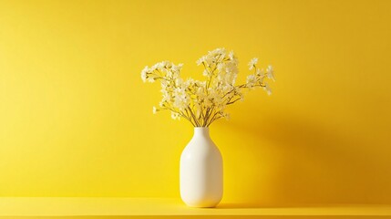 White vase with flowers standing on yellow table against yellow wall