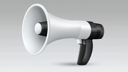 White megaphone with black handle, isolated on grey background.