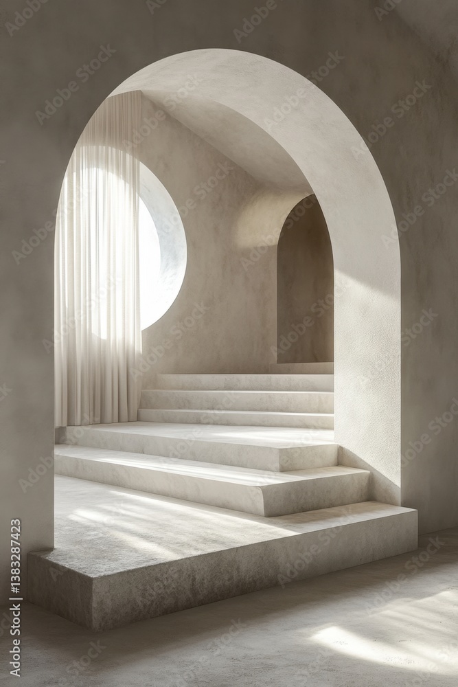 Poster serene interior with arches and gentle light cascading down the steps creating a minimalist and mode