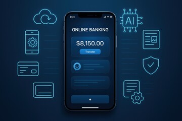 Mobile phone with sleek UI design displaying online banking, cloud sync, and AI chatbot, surrounded by wireframe icons