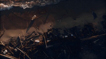 Pollution crisis on the beach coastal environment visual content overhead perspective nature's struggle against waste