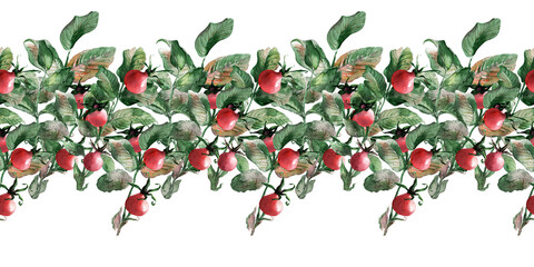 Watercolor seamless pattern with flowering branches, leaves and rosehip fruits