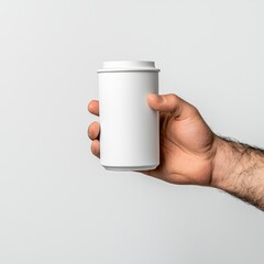 Close-up of a Man's Hand Holding a Blank White Cylindrical Can Against a White Background