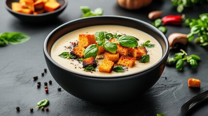 Creamy pumpkin soup with croutons and herbs