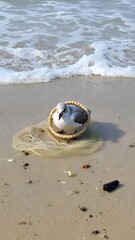 Obraz premium Seagull rescued from pollution-entangled netting beach cleanup efforts coastal area wildlife protection awareness campaign