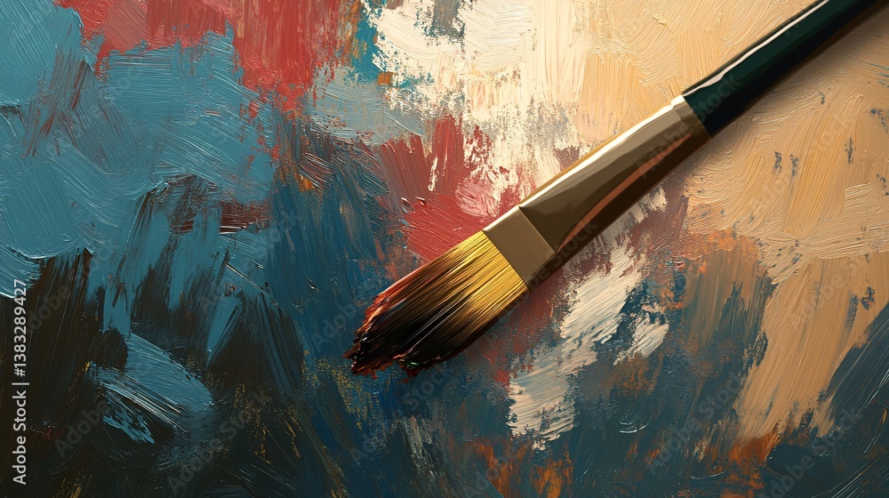 Poster paint brush creating abstract artwork with impasto technique