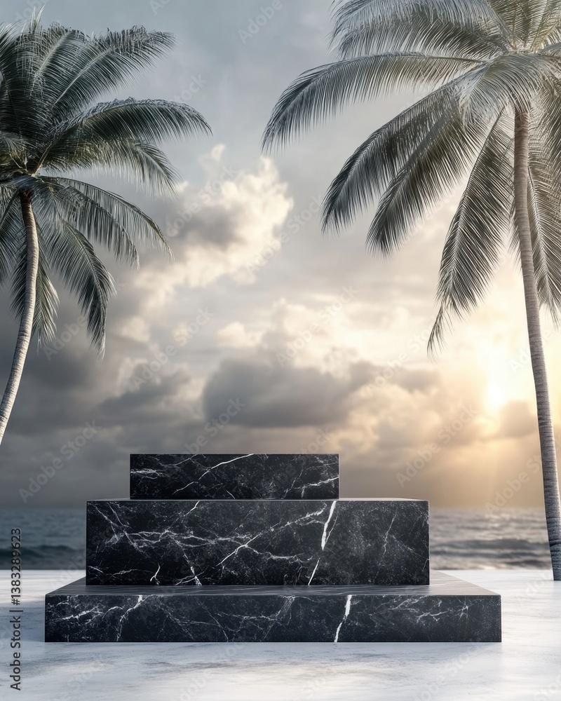 Poster serene tropical platform display with marble steps and palm trees against cloudy sky and ocean backd
