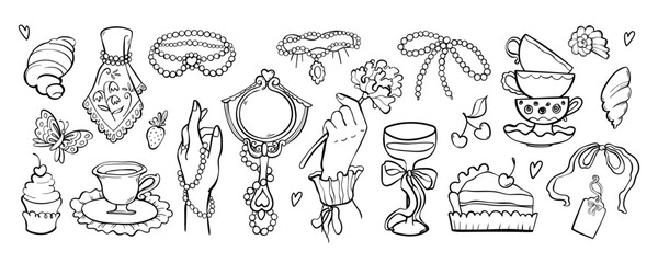 Hand drawn ink Retro Vintage elements set. Coquette aesthetic style doodle illustration. Sweet pastries, pearl jewelry, hand and ribbons. Trendy art for Valentine day and wedding. Outline vector.