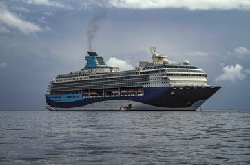 Modern ruiseship cruise ship liner Explorer 2 anchored offshore of Zakynthos island in Greece...