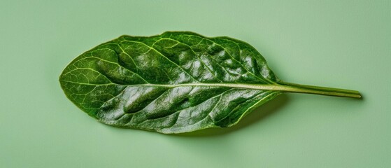 Obraz premium Close-up of a single leaf on a light green background. the leaf appears to be fresh and healthy, with a dark green color and a slightly wrinkled texture.