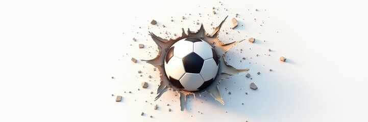 Soccer ball blasting through a clean white wall
